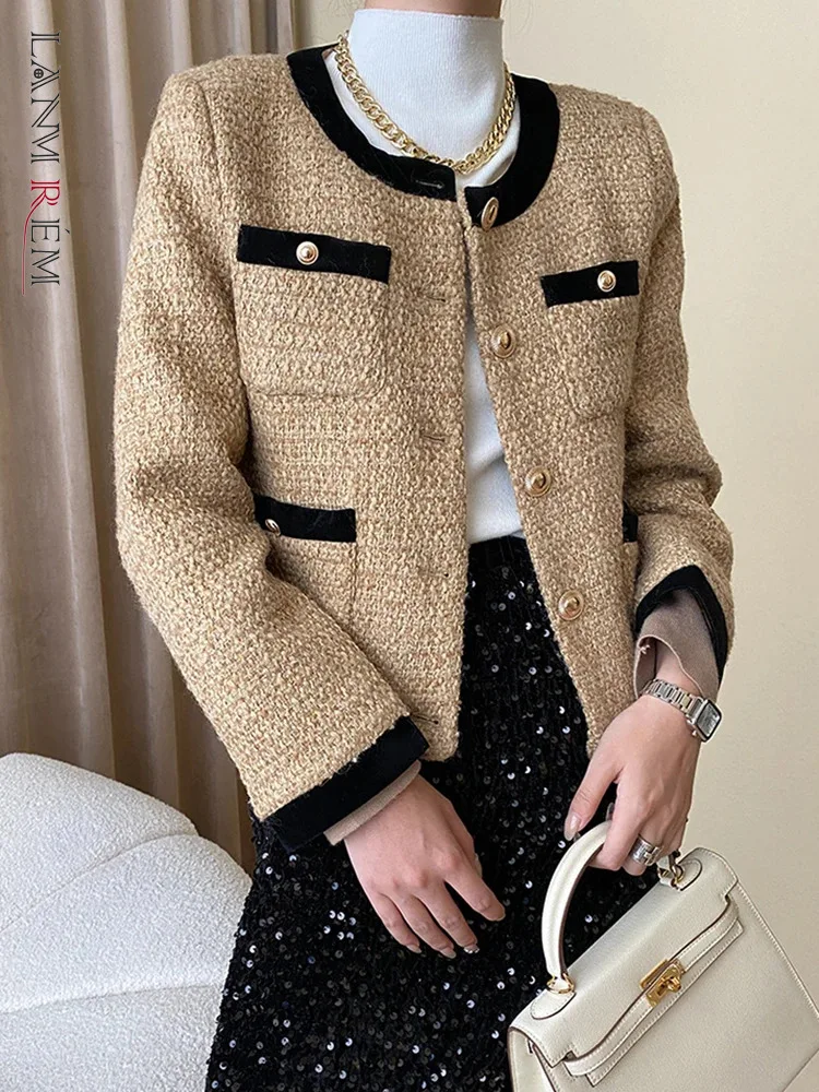

[LANMREM] Office Lady Cotton Tweed Coats For Women Round Neck Single Breasted Elegant Warm Jackets 2023 Winter New 26D6832