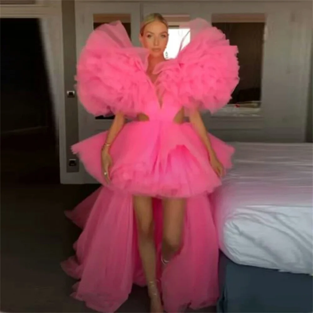 

Newest Hot Pink Tulle Prom Dresses Party High Low Lush Long Evening Grown with Long Train Robes de soirée Customized