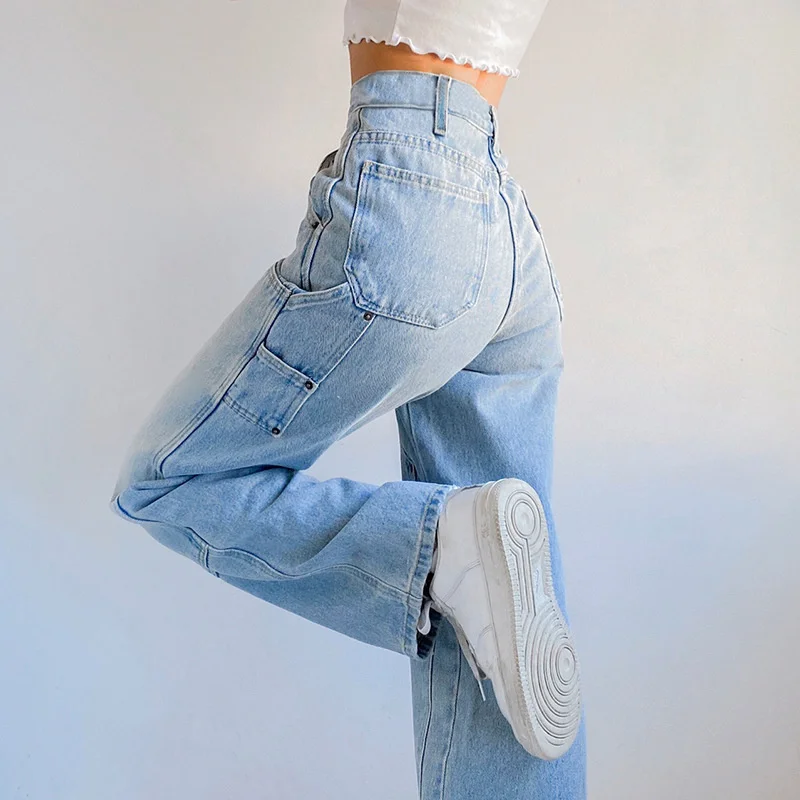 Women's Autumn New Casual Straight Denim Pants 2023 Baggy Jeans Mom Fit High Waist Loose Light Blue Jean Pocket Patchwork Female