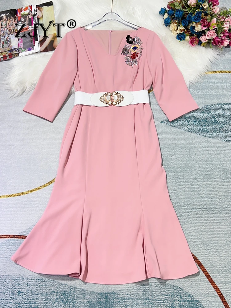 

ZJYT Autumn Designer Elegant Beading Midi Mermaid Dress Luxury Women Party Vestidos Three Quarter Sleeve Solid Pink Prom Robes
