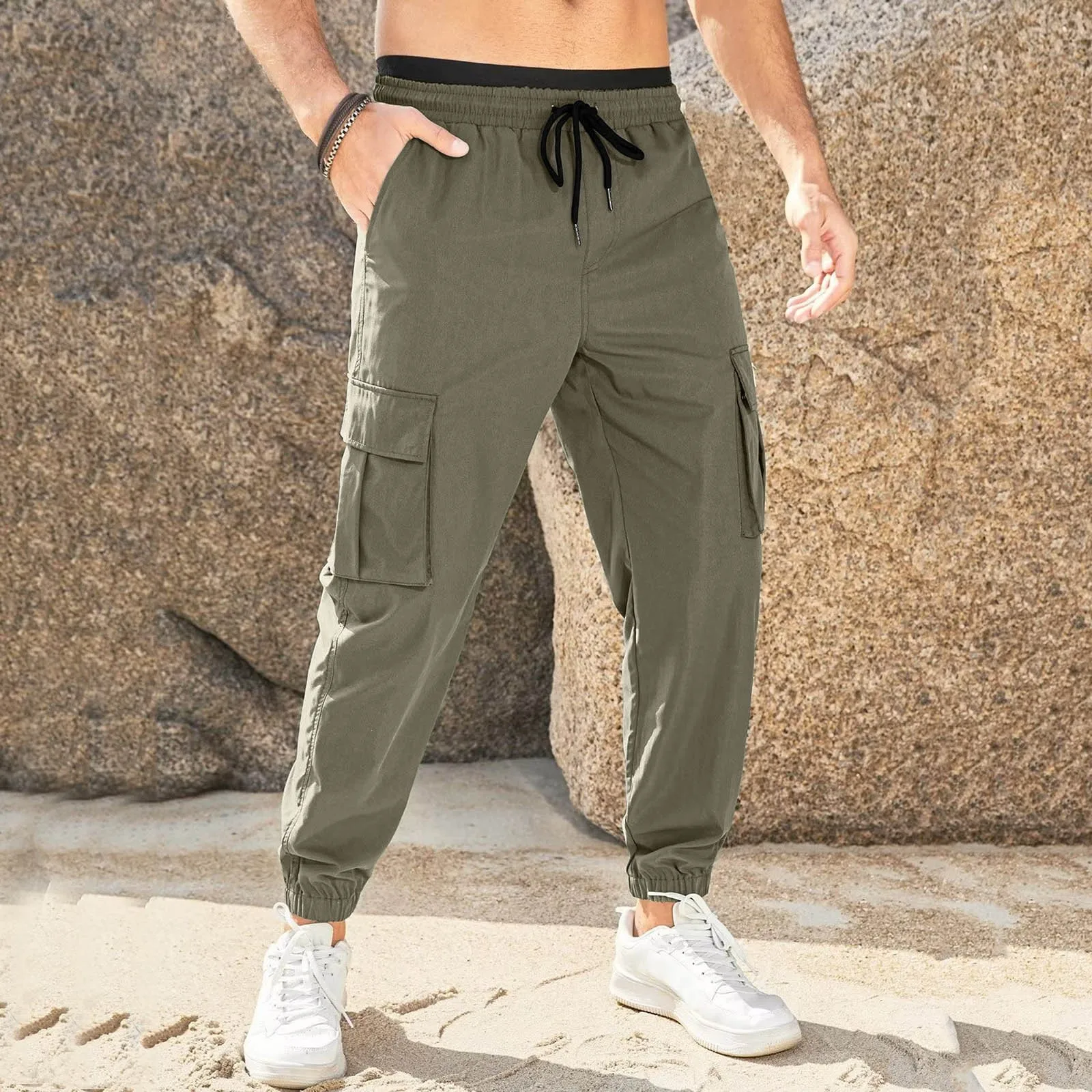 

Men Casual Cargo Pants Elastic Waist Cargo Trousers Lace Up Pants Solid Color Men Trousers Multi Pocket Breathable Pantalones