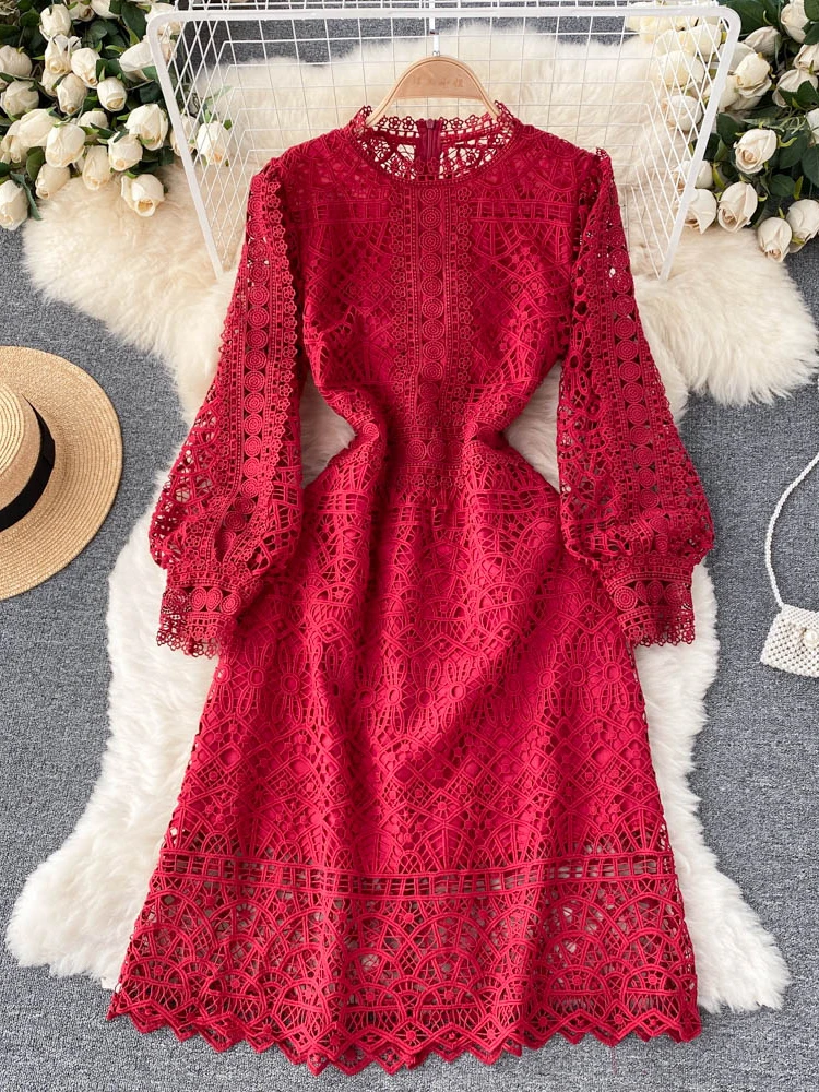 

2023 Elegant Women White Dress Spring Autumn Stand Collar Long Sleeve Casual Lace Dresses Ladies Vintage Hollow-out Party Dress