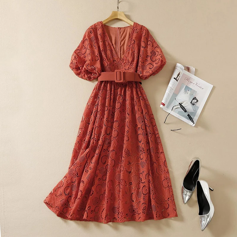 

MIUXIMAO 2022 High Quality Spring&Summer Elegant Dress Short Sleeve V-Neck Water Soluble Belt Fashion Long Dress Women Vestide
