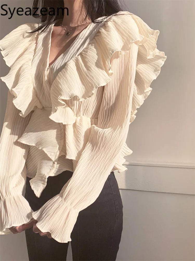 

Korean Chic Blouse Women Ruffle Bell Flare Sleeve V-neck Wrinkled Texture Lotus Leaf Stitching High Waist Shirt Top Spring