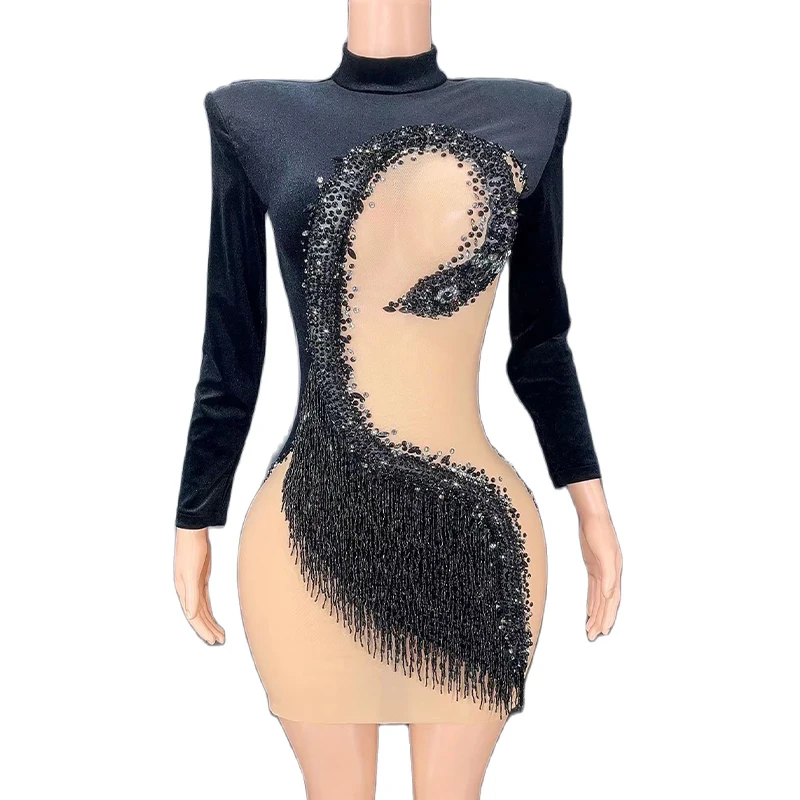 

New Women Sexy Sparkly Rhinestones Black Velvet Birthday Dress Singer Show Cloak Performance Stage Wear
