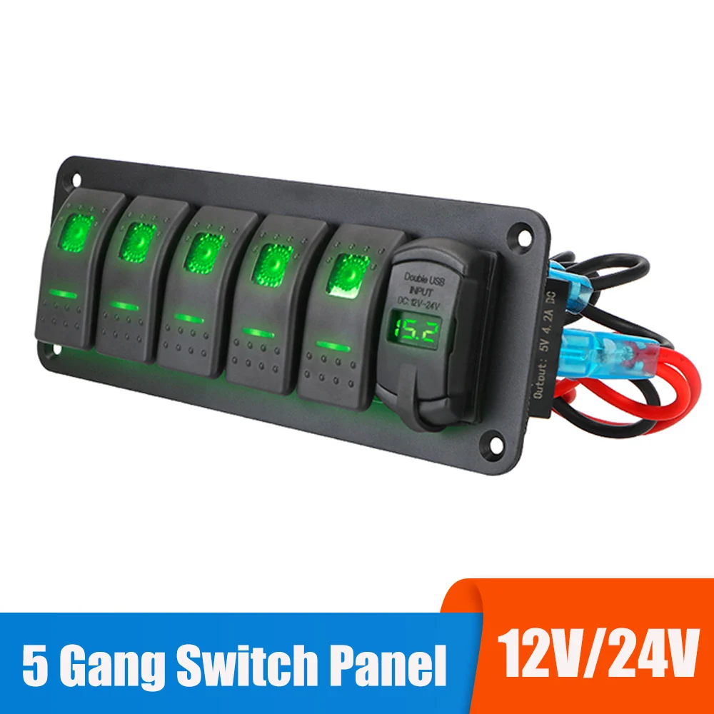 

24V 12V 5 Gang Light Toggle Switch Panel USB Chargers 3.0 Splitter Car Accessories for Truck Caravan RV Van Marine Boat Trailer