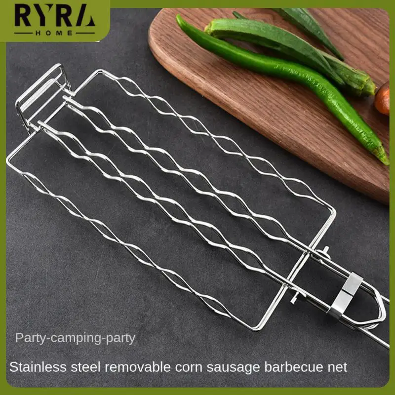 

304 Stainless Steel Miscellaneous Wood Handle Sausage Barbecue Net Three-dimensional Space Capacity Square Barbecue Gridiron
