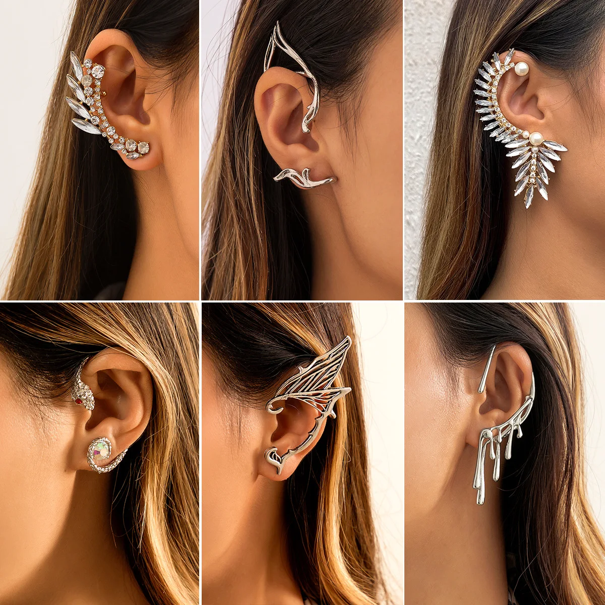 

New 2022 Fashion Dripping Contour Ear Studs Elf Ear Hanging Single Inlaid Rhinestones Without Ear Holes Ear Clips