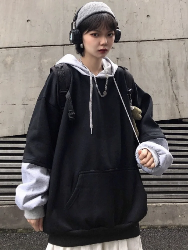 

Y2k Aesthetic Harajuku Hoodie Korean Fashion Contrast Color Patchwork Vintage Sweatshirt Loose Grunge Casual Oversized Hoodies