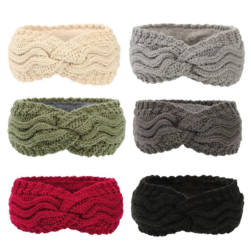 

Autumn Winter Thicken Knitting Woolen Wide Headband For Women Plush Lined Headwrap Turban Hairbands Keep Warm Female Ear Warmers