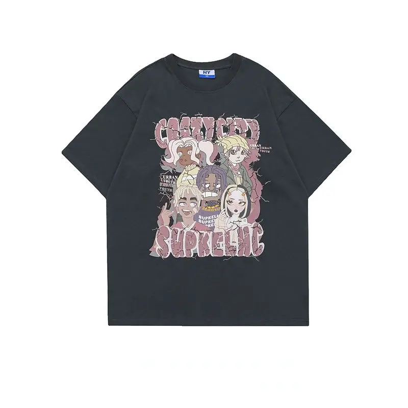 

Футболка Мужская/женская с коротким рукавом, свободная рубашка в американском стиле ретро, с принтом персонажей в стиле хип-хоп