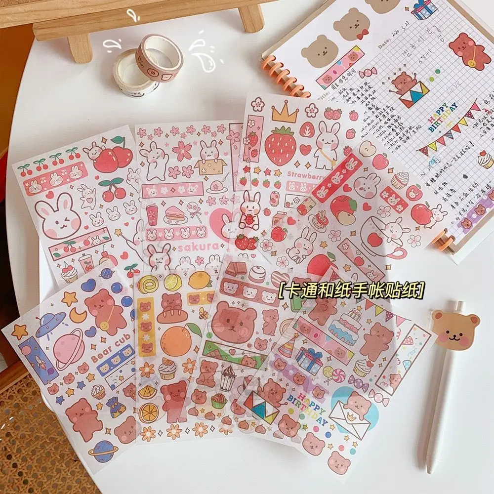 

Cartoon Cute Bear Washi Stickers Korean Ins Girl Heart Rabbit Notebook DIY Decorative Material Transparent Stickers