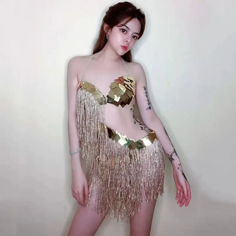 

Bar Nightclub DJ Pole Dance Gold Sequins Tassel Bikini Bodysuit Sexy Backless Stage Wear Festival Rave Outfit Dancer Costume