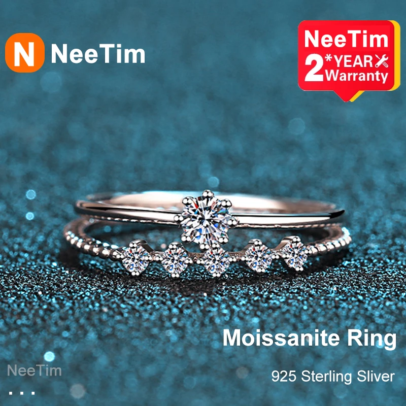 NeeTim 3mm Moissanite Ring Set Silver 925 Brilliant Cut 0.1 Carat Diamond Test Past D Color Moissanites Rings Original Jewelry