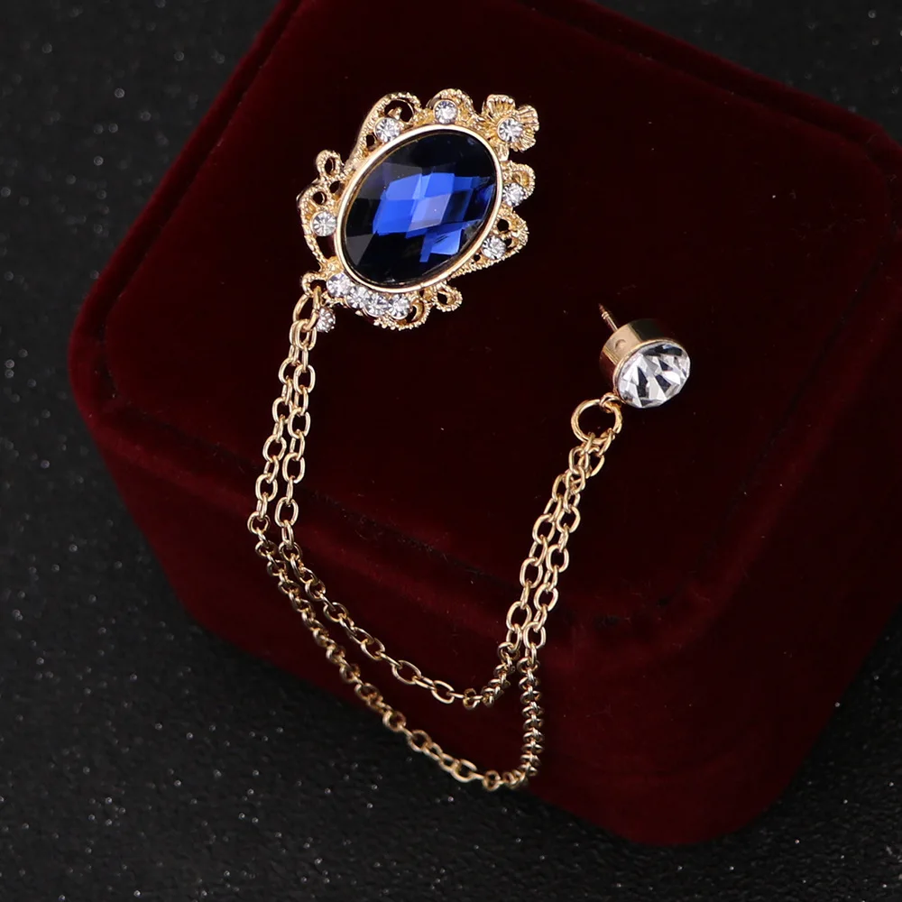 

Classic luxurious Man Gemstone Lapel Pins Collar Chain Enamel Pin Retro Brooches Wedding Party Bussiness Badge Accessories 2022