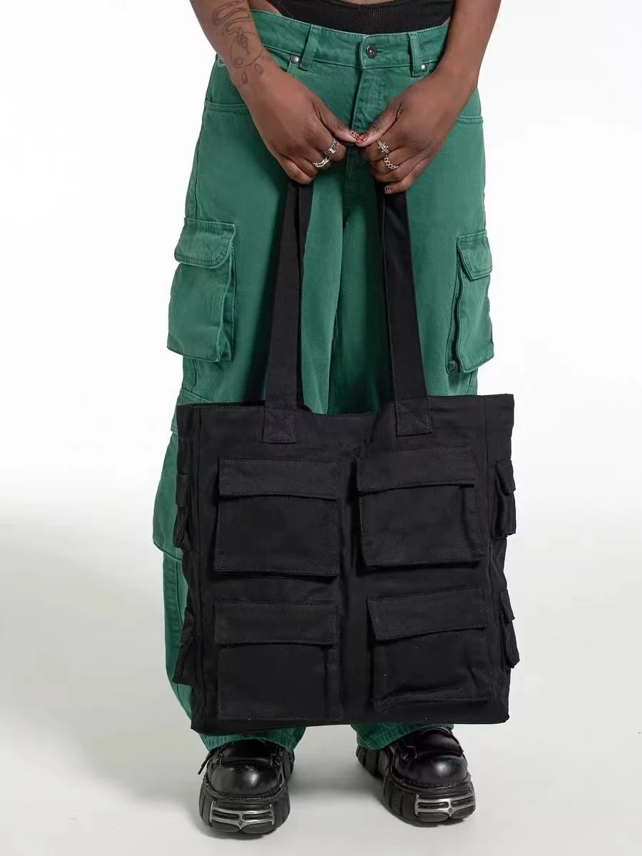

Casual Multiple Pockets Large Tote Bag for Man Retro Women Shoulder Bags Frock Style Handbags Unisex Big Shopper Travel Purses