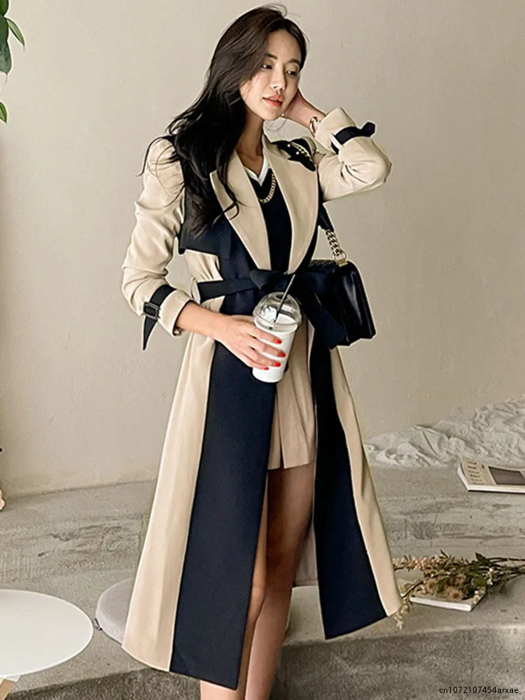 Женский Тренч с цветными вставками Корейская прямая ветровка средней длины на