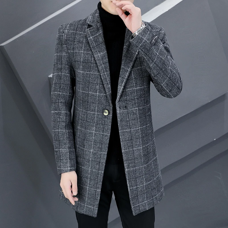 Men's Plaid Medium Length Woolen Coat New Autumn/winter Business Casual Suit Collar Trench Coat Trend Tweed Coat