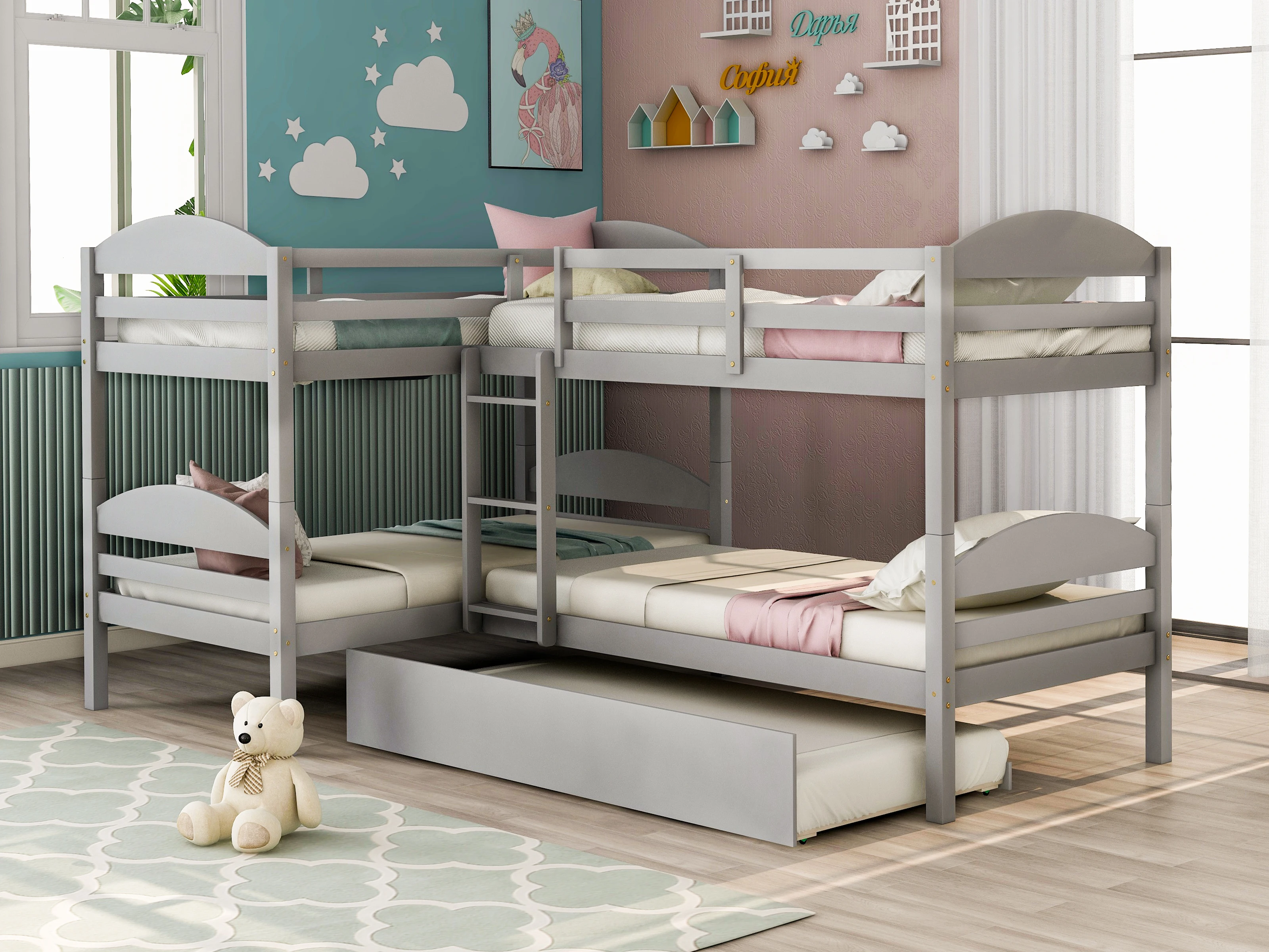 

(US Stock) Multifunctional Twin L-Shaped Bunk bed with Trundle