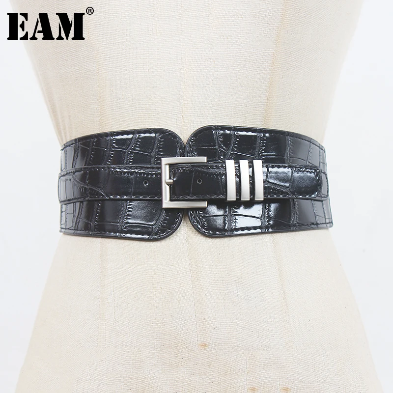 

[EAM] Pu Leather Black Buckle Irregular Elastic Wide Belt Personality Women New Fashion All-match Spring Autumn 2023 1DF1525
