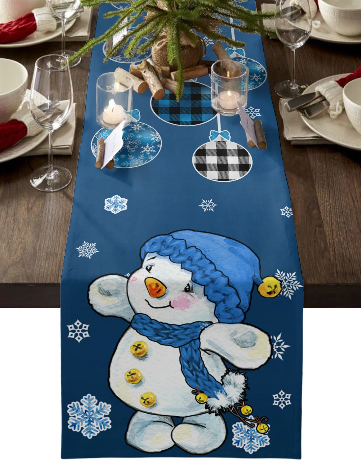 

Christmas Blue Snowman Snowflake Table Runner Home Wedding Table Flag Mat Table Centerpieces Decoration Party Long Tablecloth