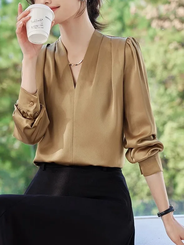 Французские легкие роскошные атласные рубашки с v-образным вырезом и длинными