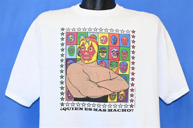 90s Mil Mascaras Quien es Mas Macho Lucha Libre футболка мексиканской борьбы большая