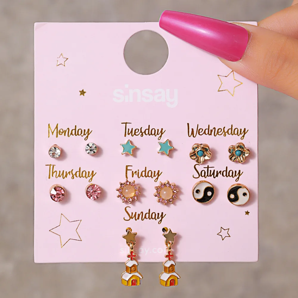 

Cute One Week Earrings For Women Zircon Crystal Yin-yang Evil Eyes Heart Stud Earrings Set Friendship Jewelry Gift Brincos