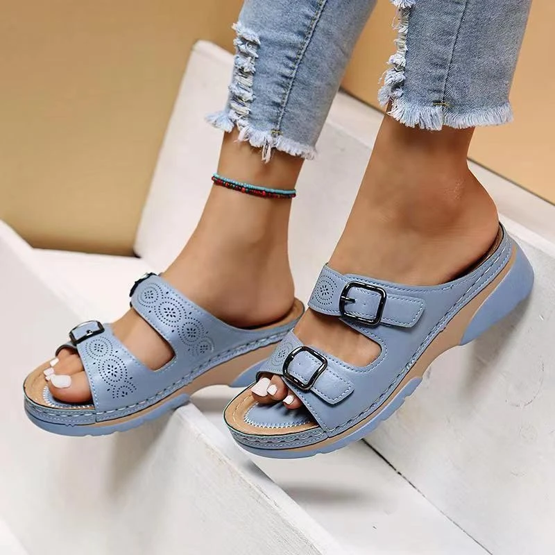2023 Wedges Sandals Shoes for Women Fashion Belt Buckle Platform Outdoor Walking Slippers Non-slip Open Toe Ladies Shoes Size 43