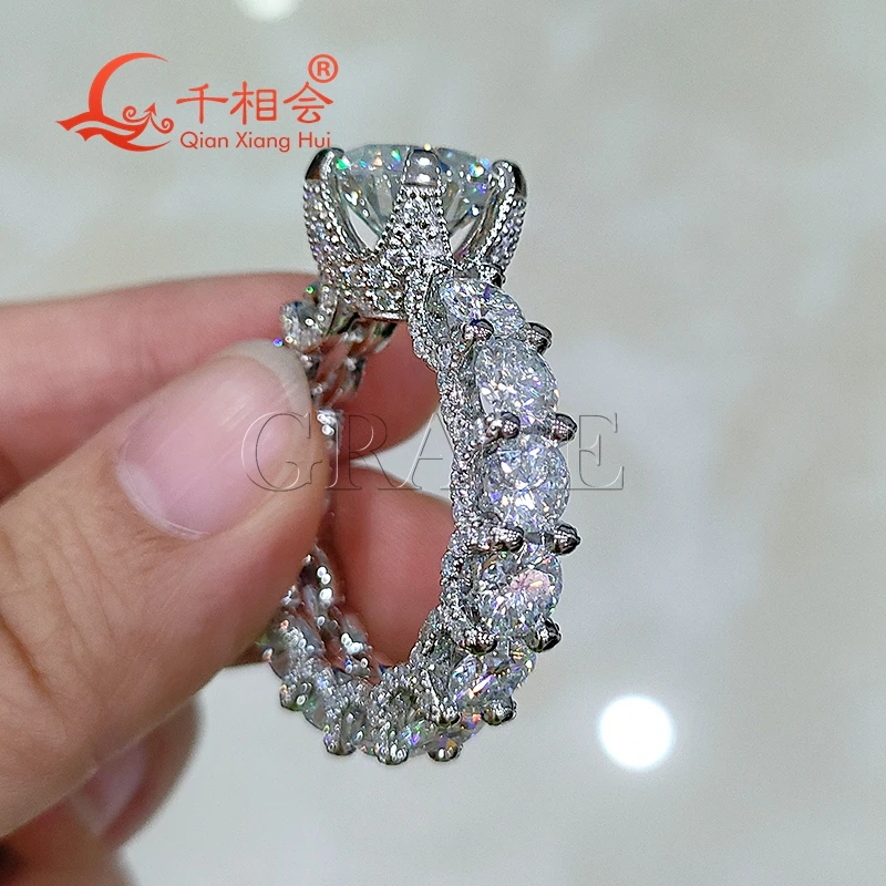 12mm main stone 5.5mm Eternity Band 925 silver  D VVS  white moissanite  full band setting Jewelry Rings datting gift