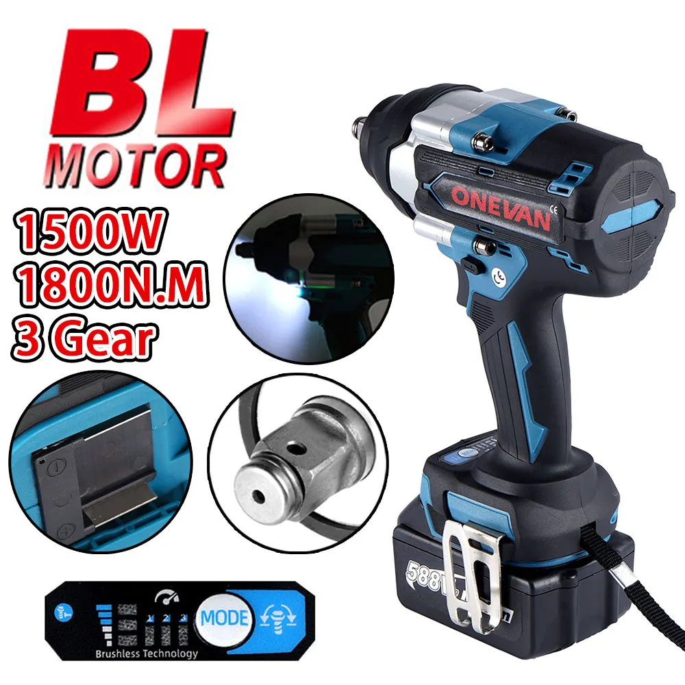 1500W 1800N.M Torque Brushless Electric Impact Wrench 3 Gear Adjustment 1/2 inch Cordless Driver Tool For Makita 18V Battery