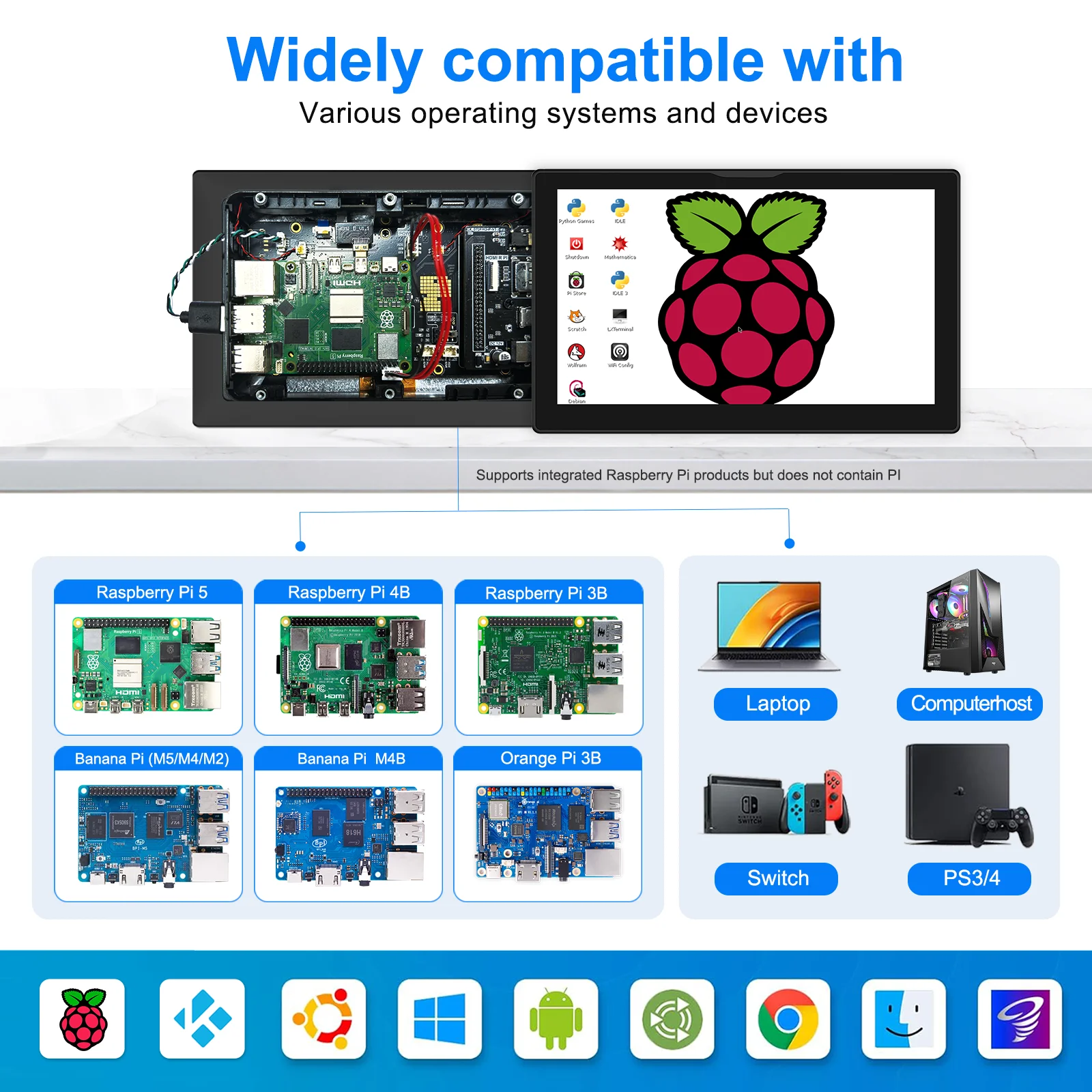 Фото Сенсорный IPS-экран Raspberry Pi 5 4 7/8 дюймов, 1280x800 HD LCD, HDMI-дисплей для RPI 4B 3B+ 3B, дополнительный экран для ПК, портативный монитор №3