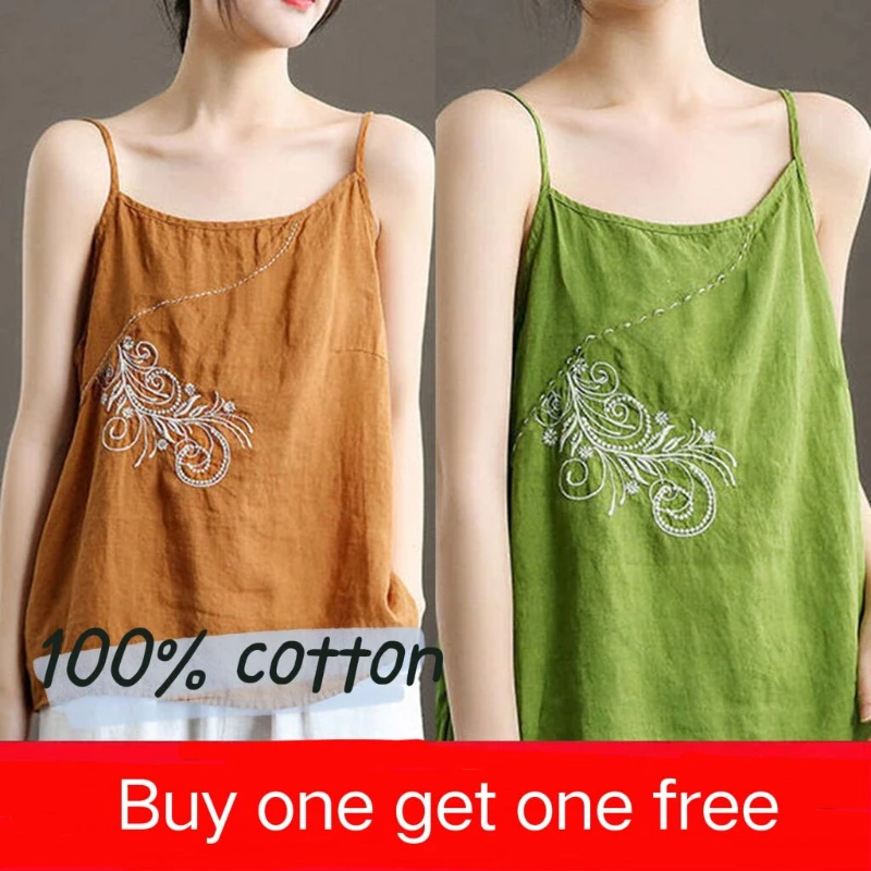 

Summer 2022 New Womens Fashion Camisole 100% Cotton Linen Spaghetti Strap Tank Tops for Women Vintage Loose Embroidery Camis