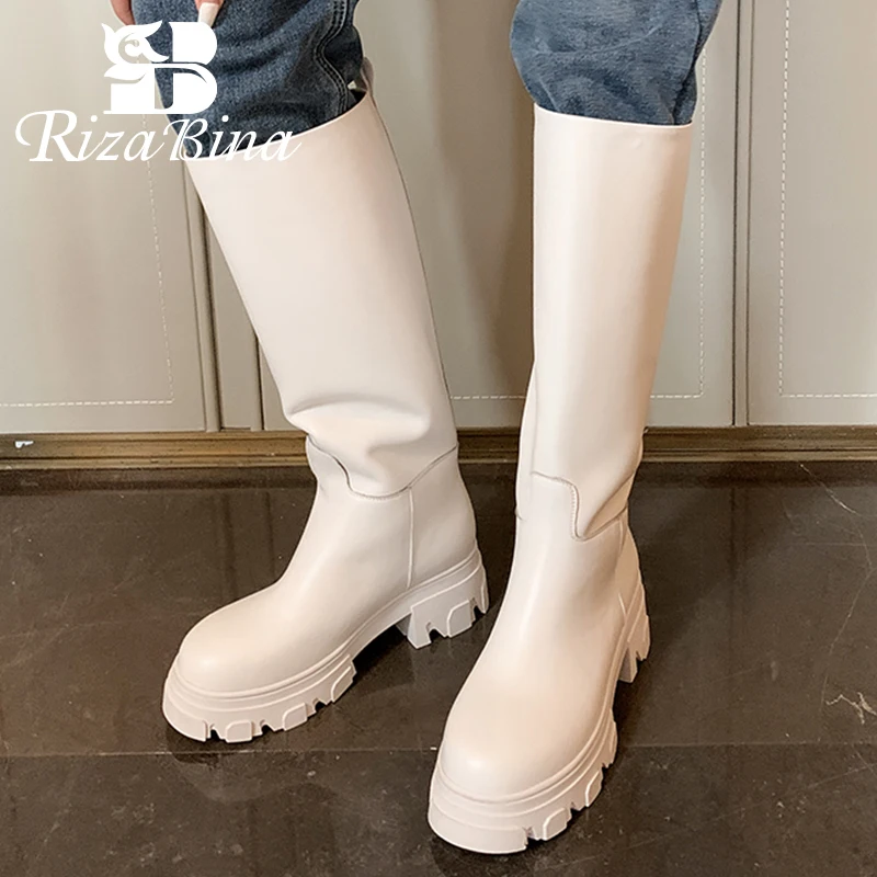 

RIZABINA 2023 Women Knee Boots Real Leather Chunky Ins Winter Ladies Shoes Fashion Club Long Boots Female Footwear Size 34-40