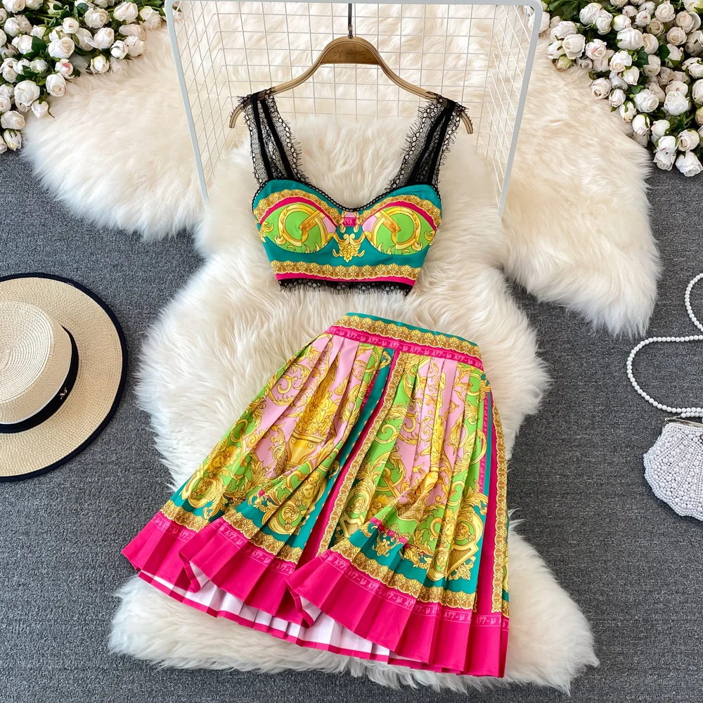 2023 Summer Fashion Two Piece Sets Women's Sleeveless Cup Padded Lace Stitching Crop Top + Retro Print Mini Pleated Skirts Suit