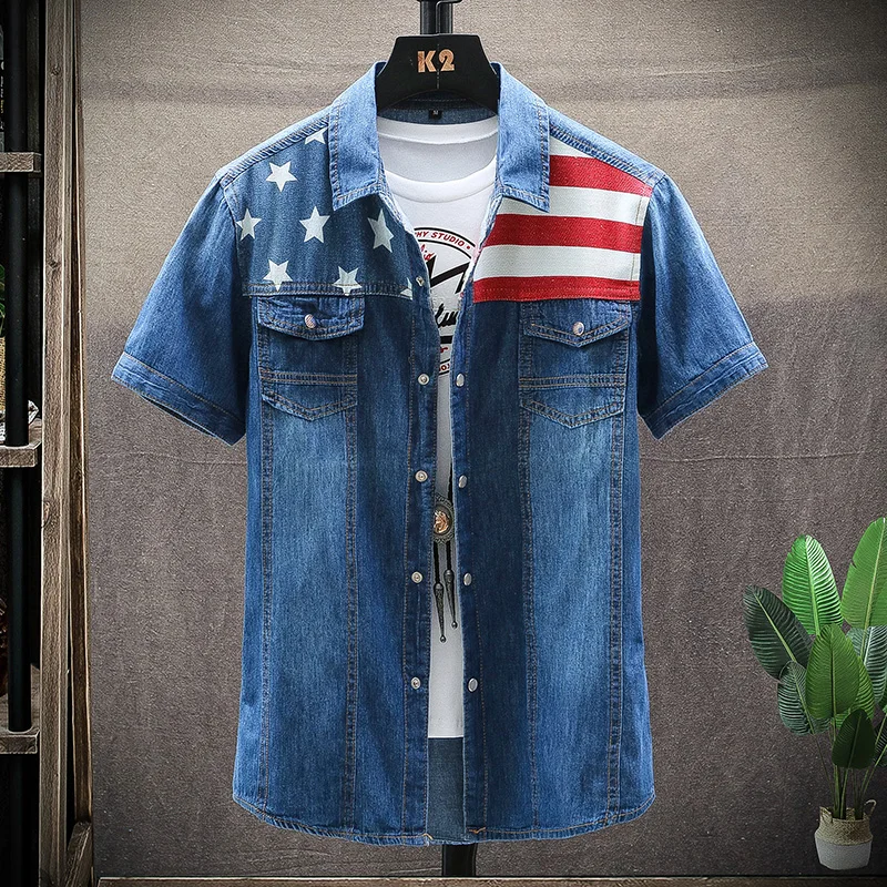 New vintage men's fashion American Flag denim shirt short sleeve light blue jeans shirt free shipping Top quality