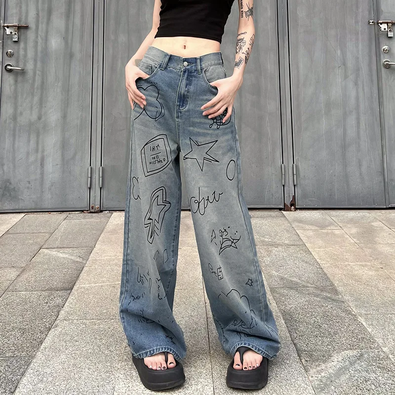 

Bold Shade Y2k Streetwear Graffiti Baggy Cargo Jeans 90s Grunge Casual High Waist Skater Pants Women Fashion Vintage Trousers