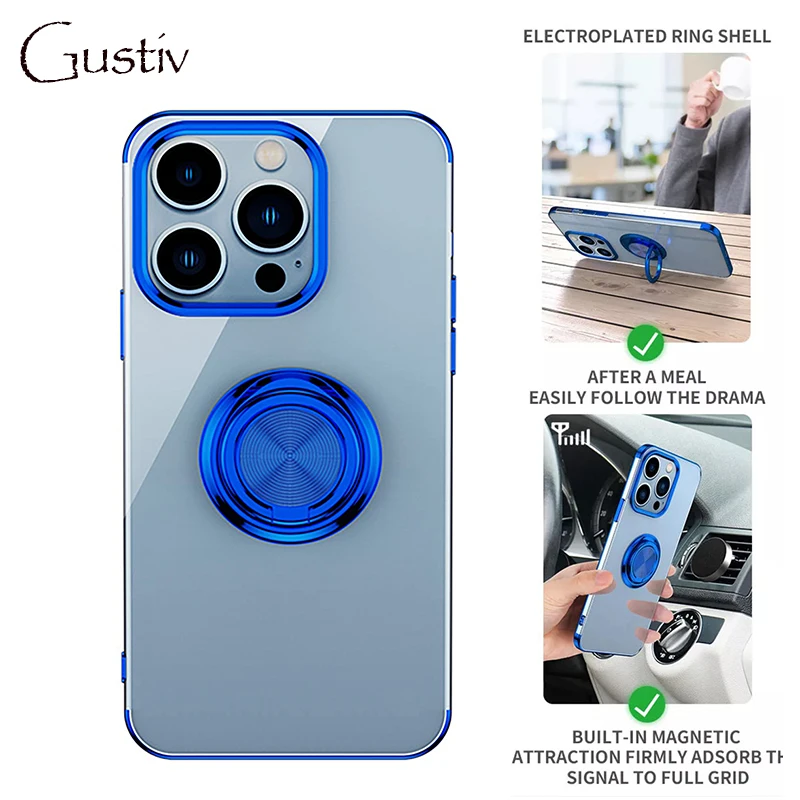 

For iPhone 14 Pro Max Ring Holder Case 360 Rotating Kickstand Magnetic Car Mount Clear Back Plating Edge Cover for iPhone 13Mini