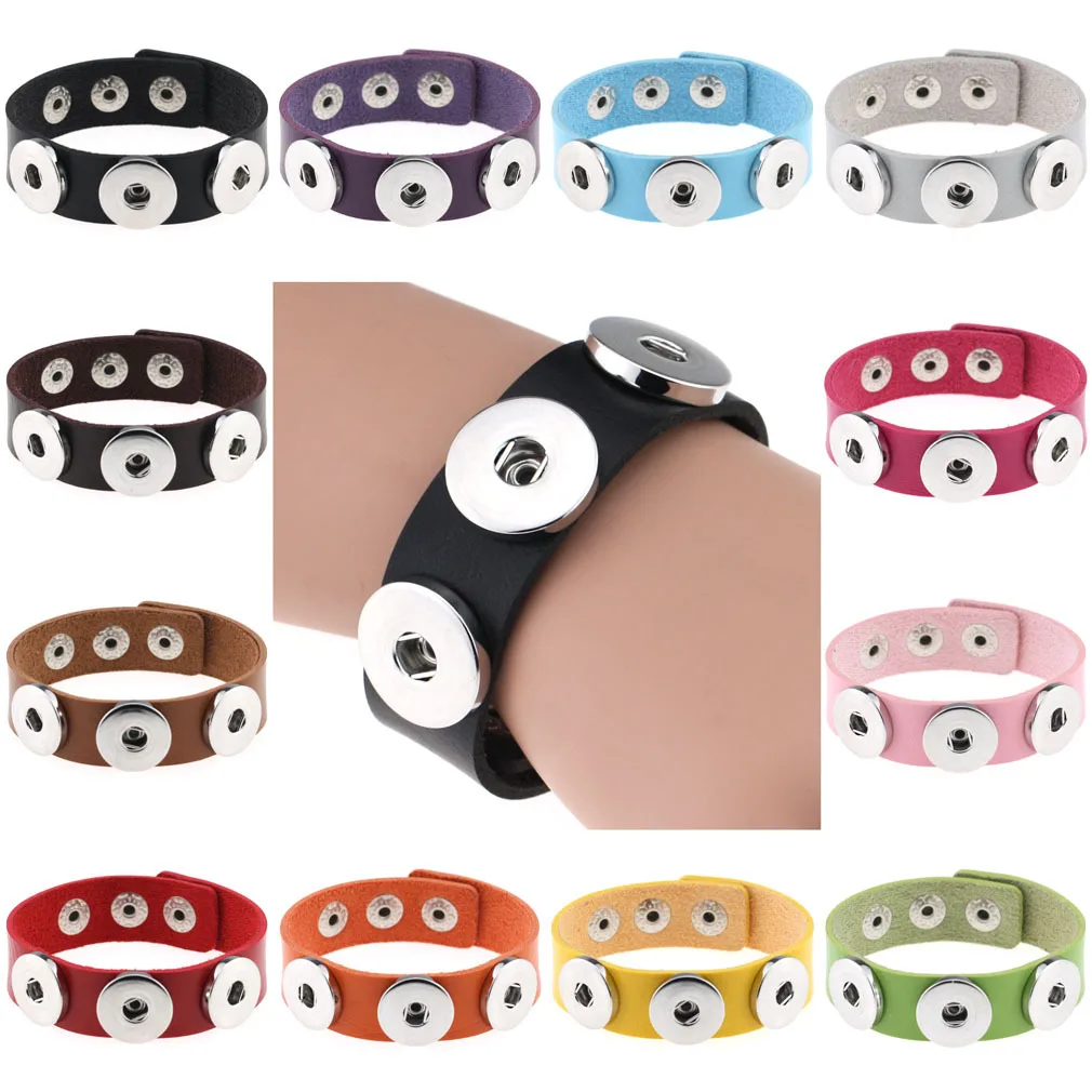 

15pcs Simple Black Brown Leather 18mm Metal Snap Button Bracelets for Women Men Jewelry