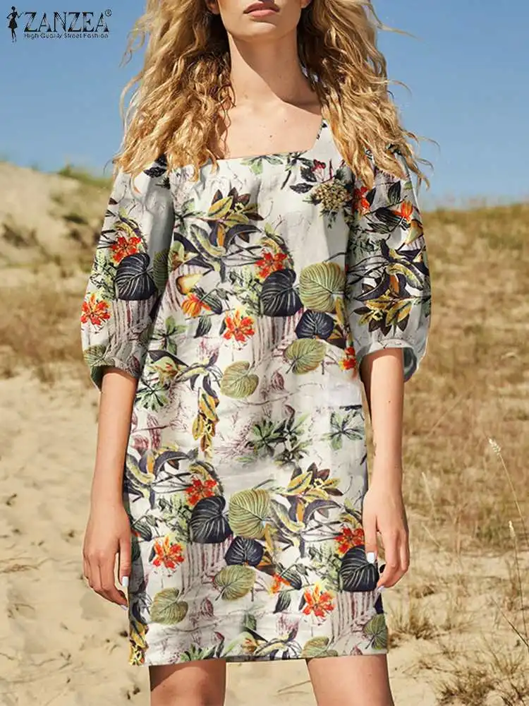 

ZANZEA Summer Floral Printed Dress Bohemian Women 3/4 Sleeve Square Deresses Holiday Sundress Mini Vestidos Stylish Beach Robe