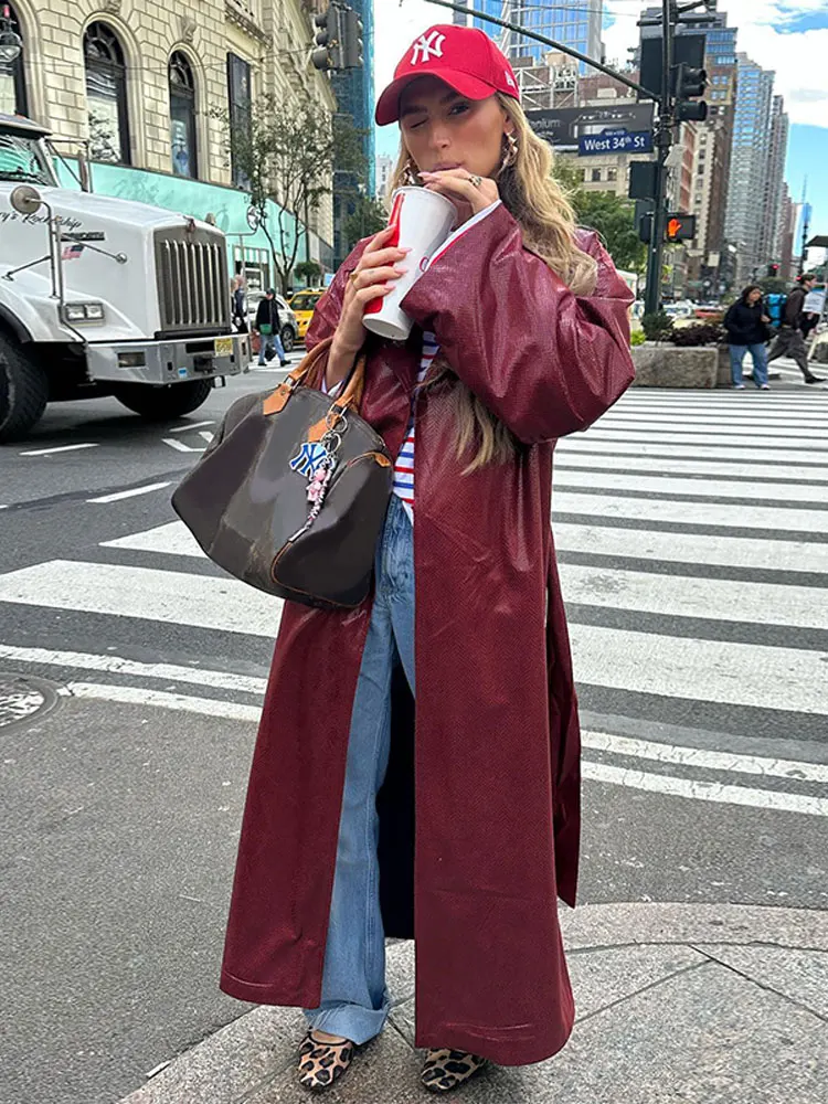 

Женская Длинная кожаная куртка с длинным рукавом и разрезом, Повседневная Свободная верхняя одежда на шнуровке, женская элегантная уличная одежда на осень/зиму 2023