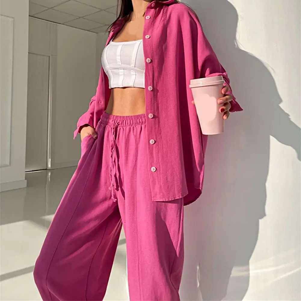 

Casual Fashion Long Sleeve Solid Single-Breasted Top Lace-Up Trousers Women Outfit for Office