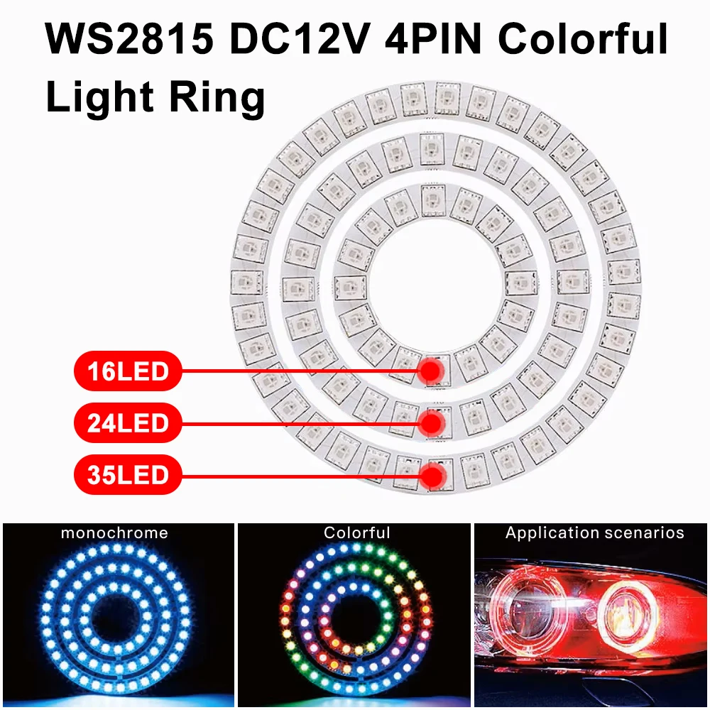 Фото 4-контактный DC12V WS2815 16/24/35 пикселей круглый свет красочное светодиодное кольцо DIY встроенная микросхема индивидуально адресуемый модуль 5050 RGB №1