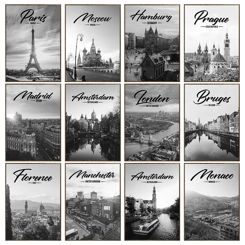 Черно-белый настенный плакат с изображением известных европейских городов