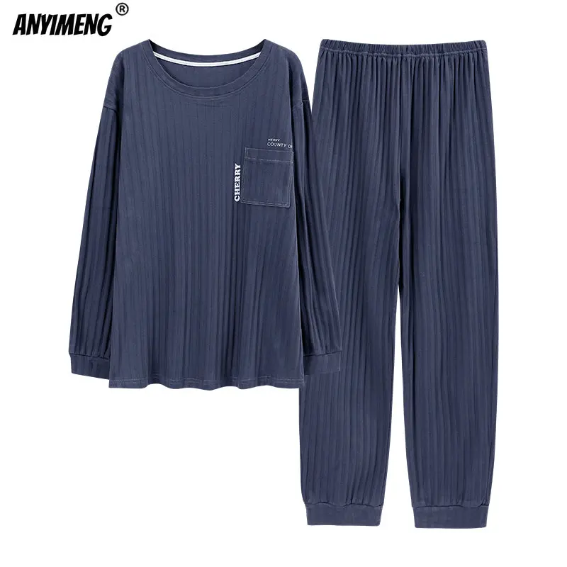 Пижамы мужские хлопковые размера плюс пижамы пуловер с длинным рукавом