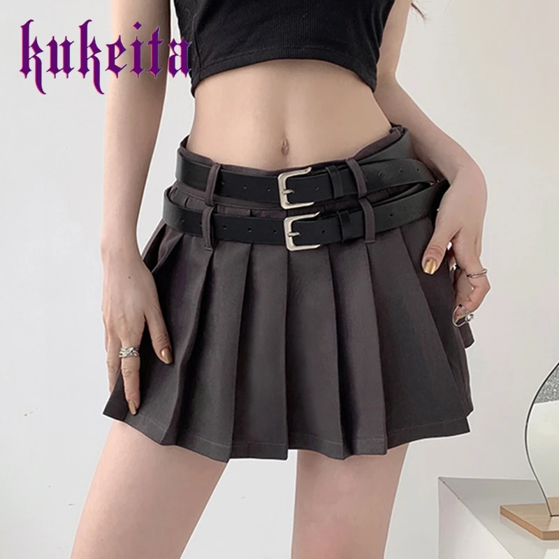 

Женская плиссированная мини-юбка Kukeita Harajuku с двойным поясом, летняя новая Корейская уличная мода, короткая серая юбка с низкой талией, наряды Y2k