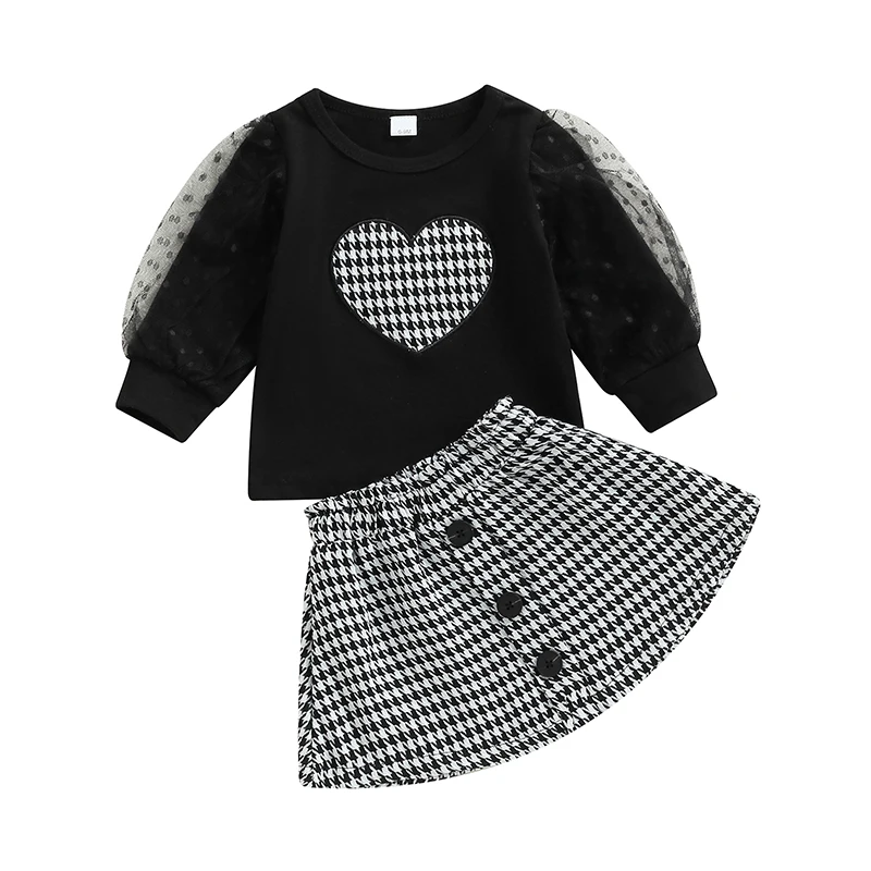 

Toddler Girls Outfit Sets Spring Autumn Round Neck Long Sleeve Heart Print Top+ Houndstooth Print A-line Skirt Two Piece Clothes