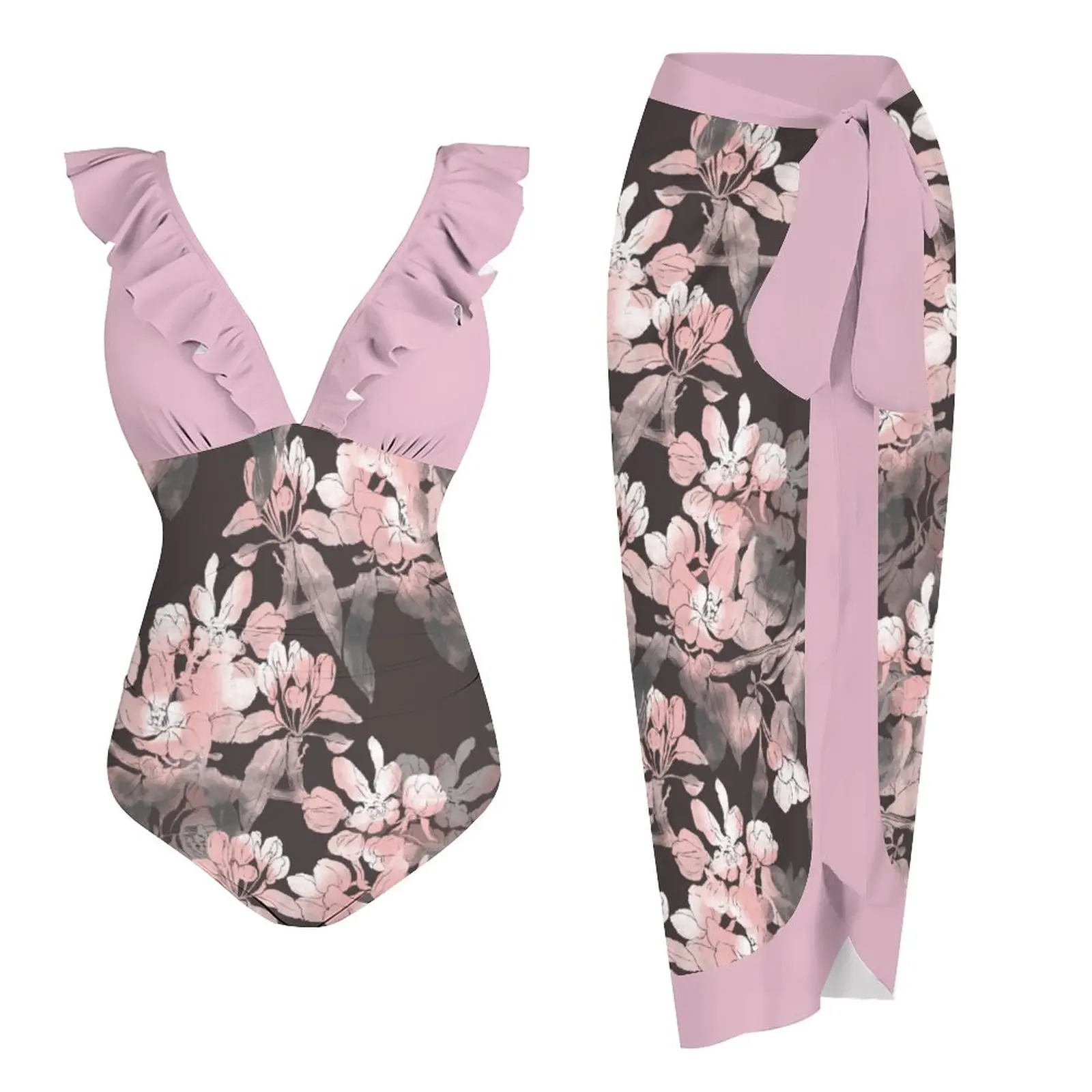 

Vintage Pink Colorblock Flolar Print One-Piece Swimsuit V-Neck Sexy Push Up Swimwear Women's Fashion Sleeveless Beachwear 2023