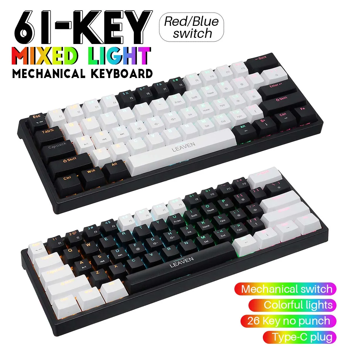 

K620 61Keys/set Wired Type-C Mechanical Keyboard Gaming Keyboards Blue/Red Switch RGB Backlit keyboard for Laptop Pc gamer
