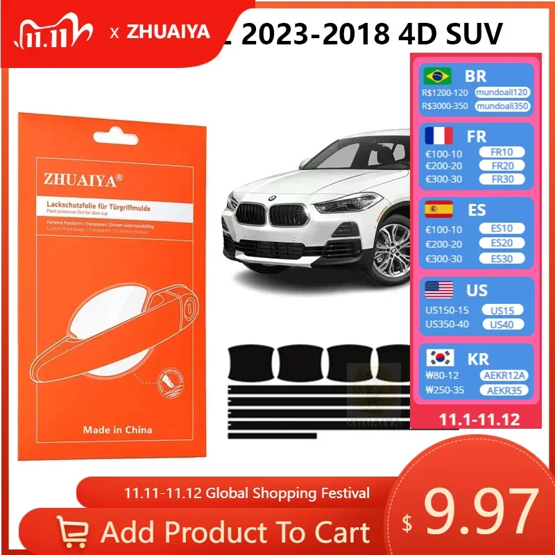 

Защитная пленка ZHUAIYA для красок дверной ручки, ТПУ PPF для BMW X2 2023-2018 4D SUV, автомобильные аксессуары